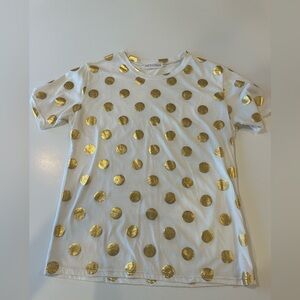 Brand Lucy and Lyla, short sleeve shirt white with gold polkadots, size medium